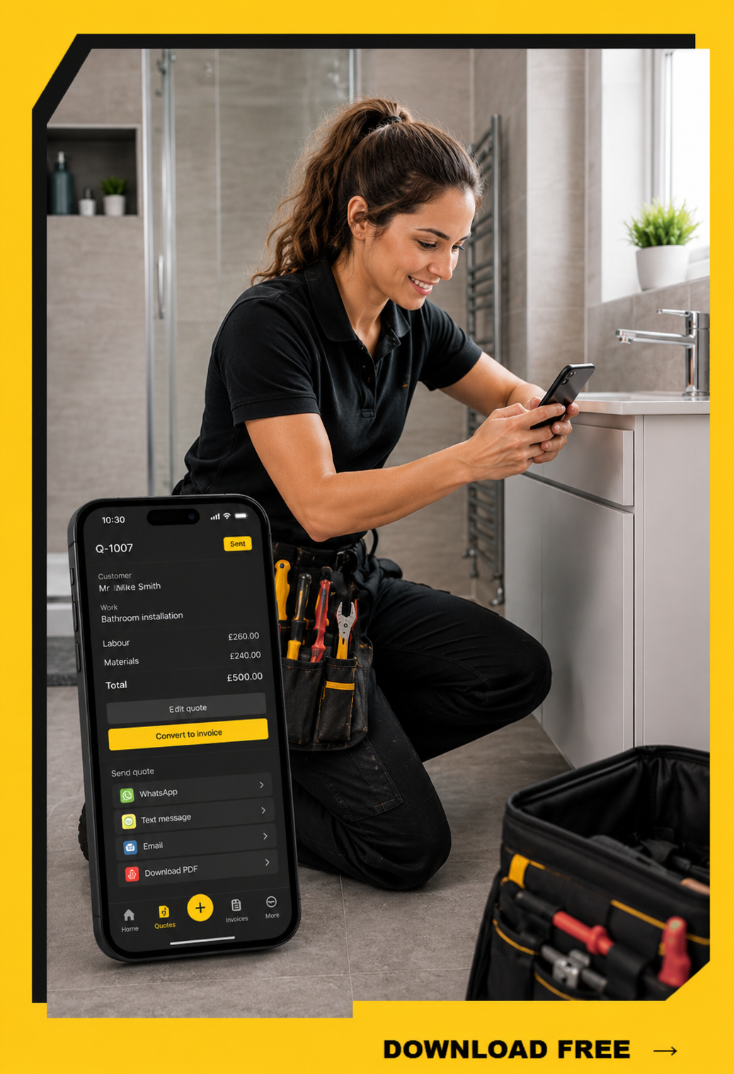 Female plumber creating a bathroom quote on her phone beside the basin