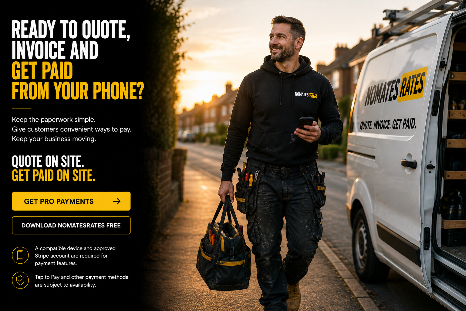 Tradesperson walking back to his van at golden hour with his phone and tool bag