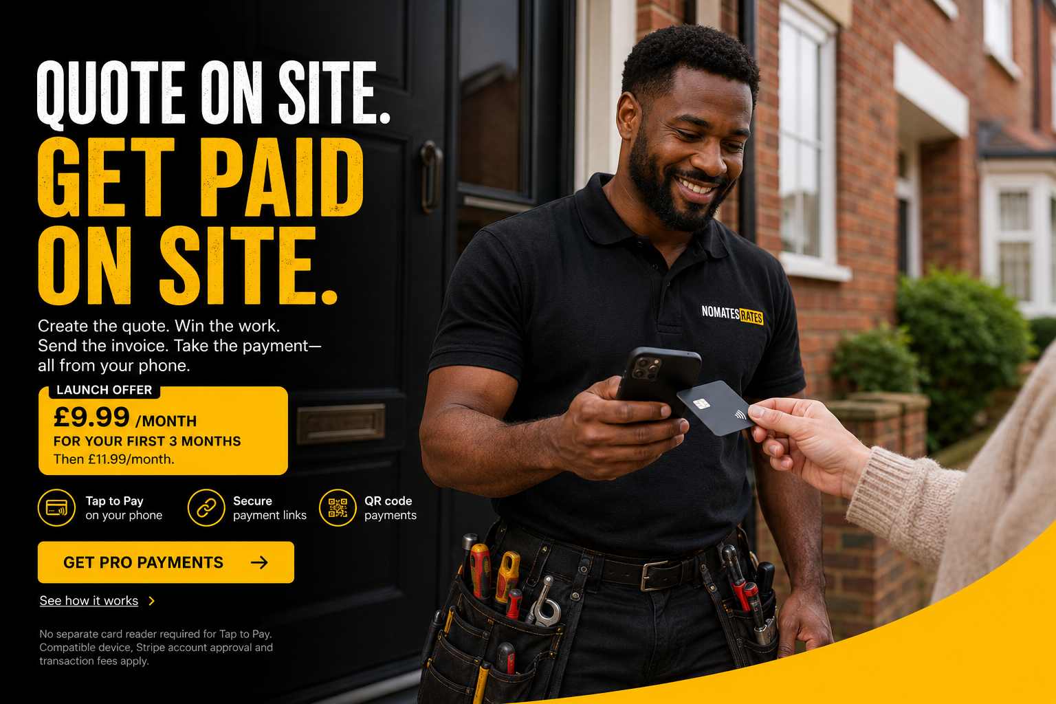 Black tradesperson accepting a customer's contactless card payment outside a residential property