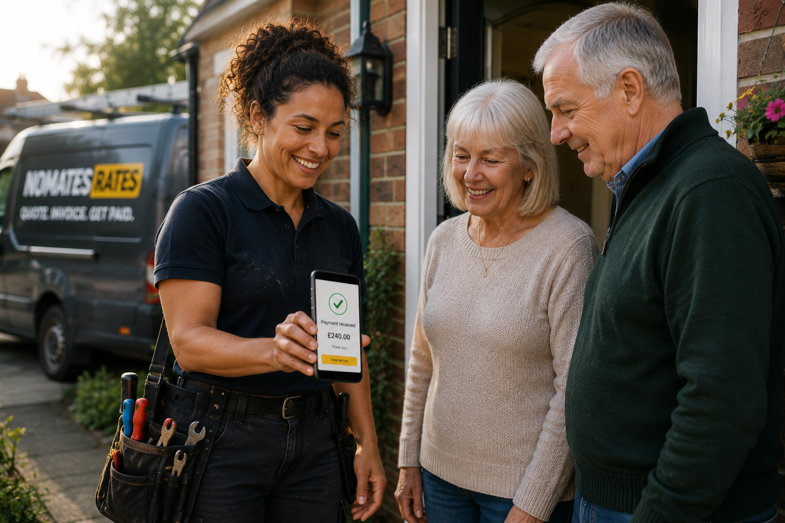 Female tradesperson showing completed payment confirmation to two older customers at their doorway