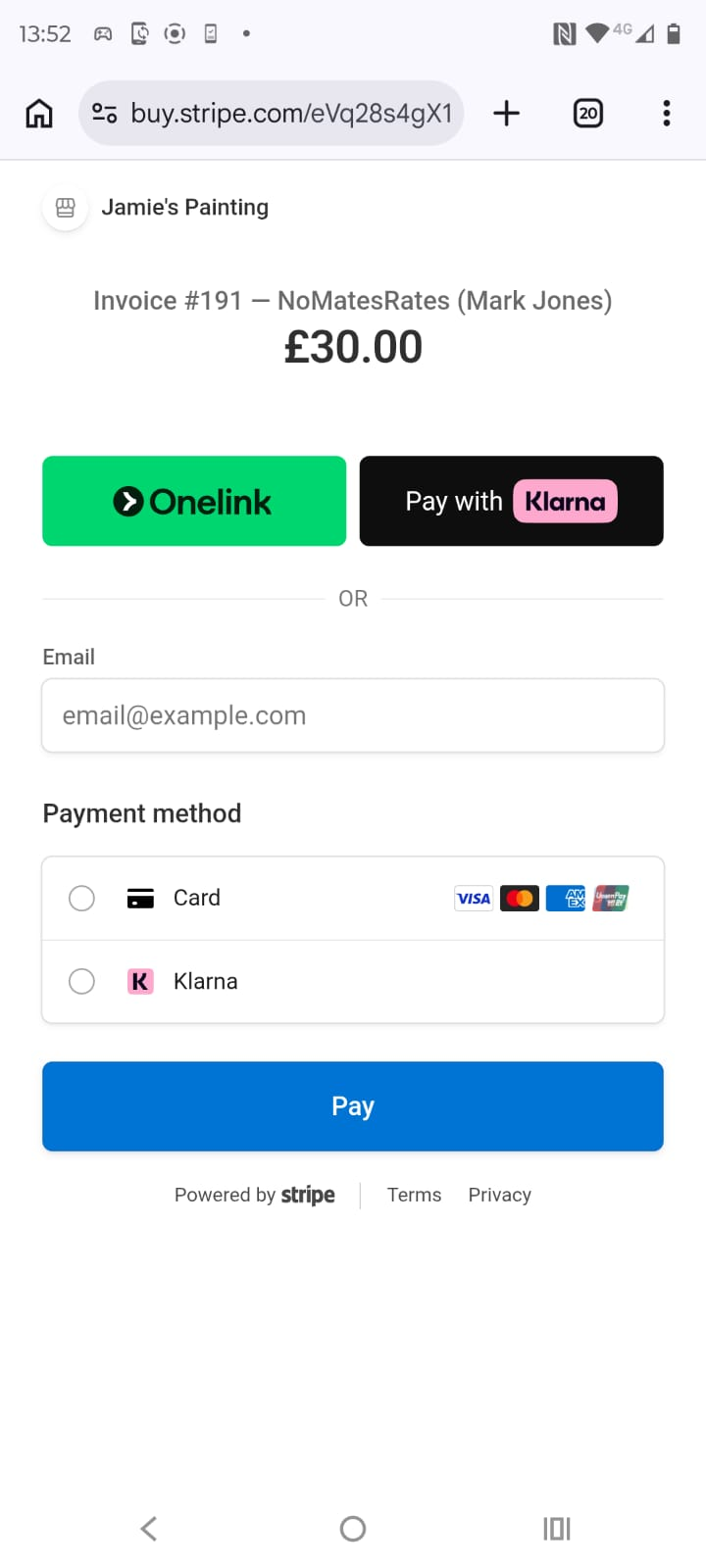 Stripe checkout page opened from a Nomates Rates invoice payment link