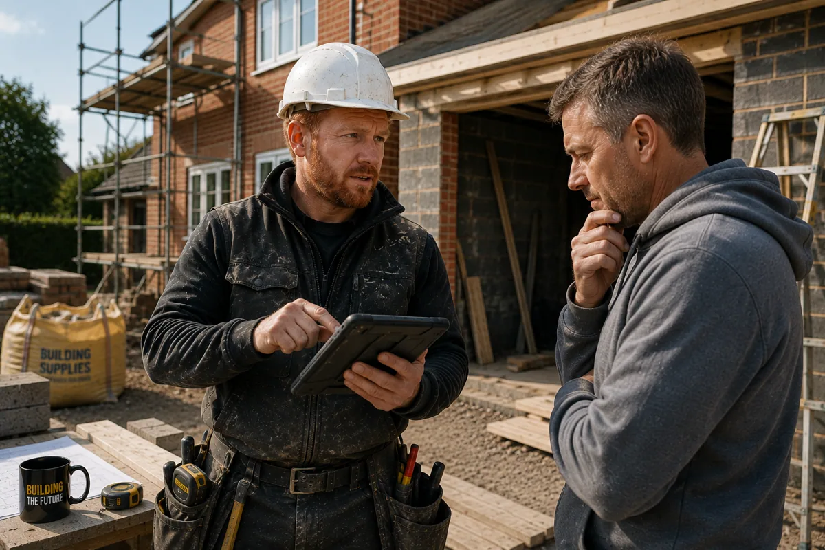 Builder reviewing a residential project with a customer on site