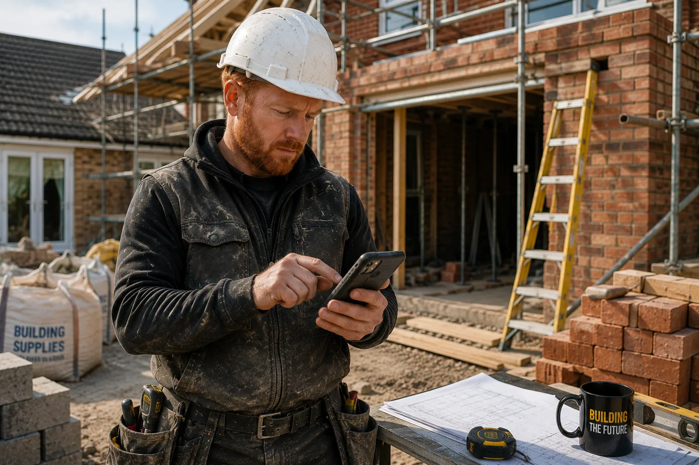 Builder using a phone at a customer job
