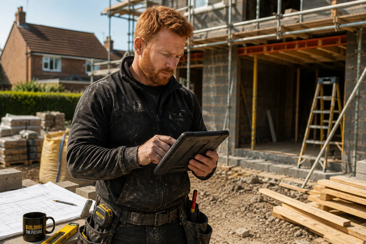 Builder reviewing extension work and job details on a tablet