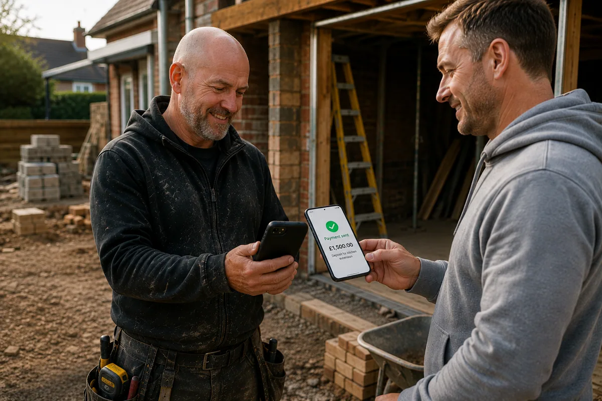 Builder showing a completed phone payment to a customer on site