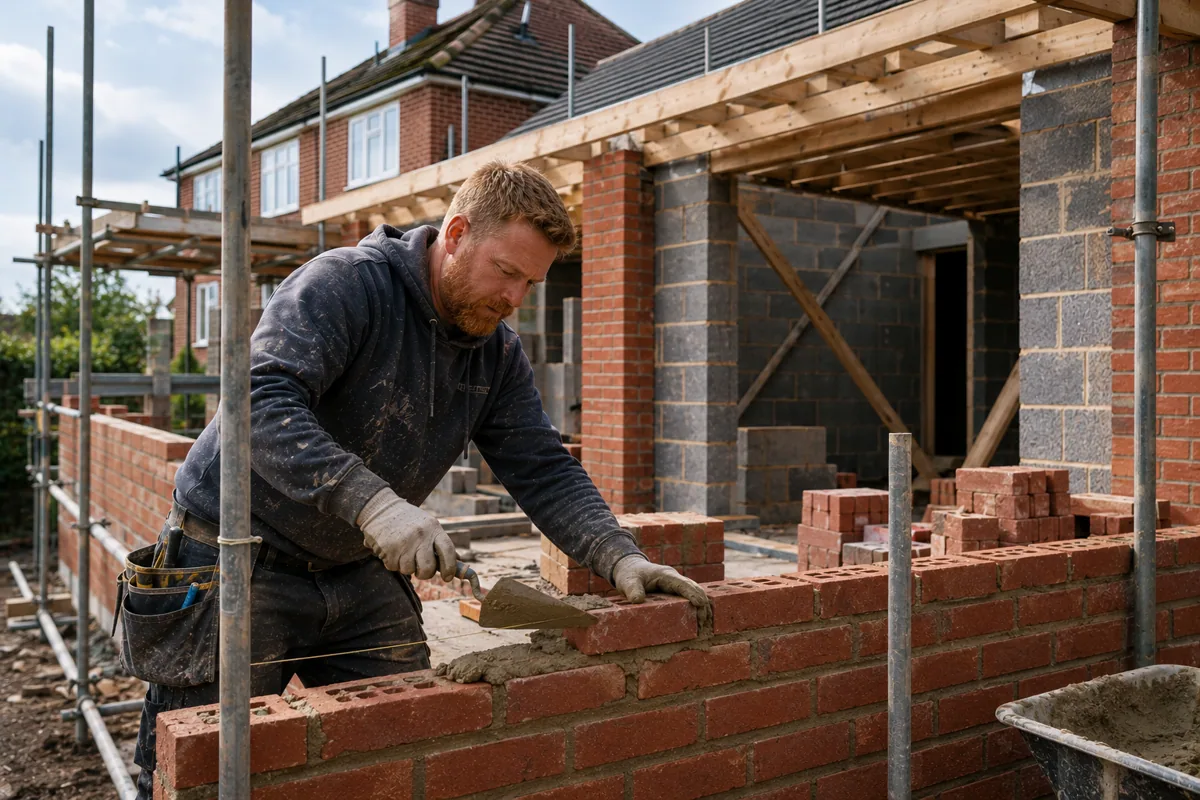 Builder laying bricks on a residential extension project