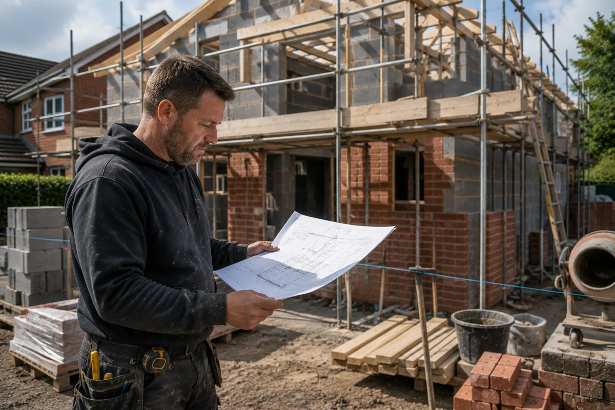 Builder reviewing plans outside a residential building project