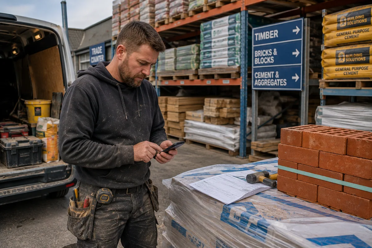 Builder checking material details on a phone at a builders merchant