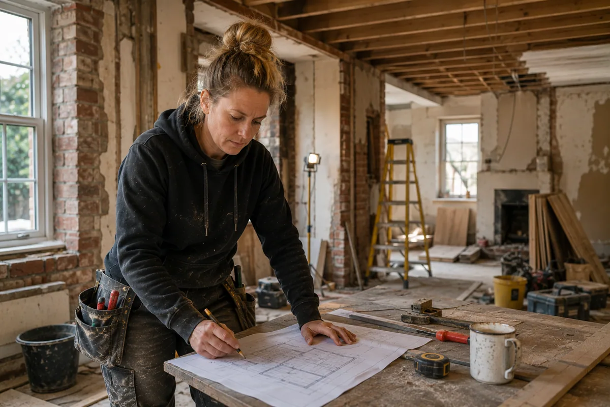 Builder reviewing renovation plans inside a customer property