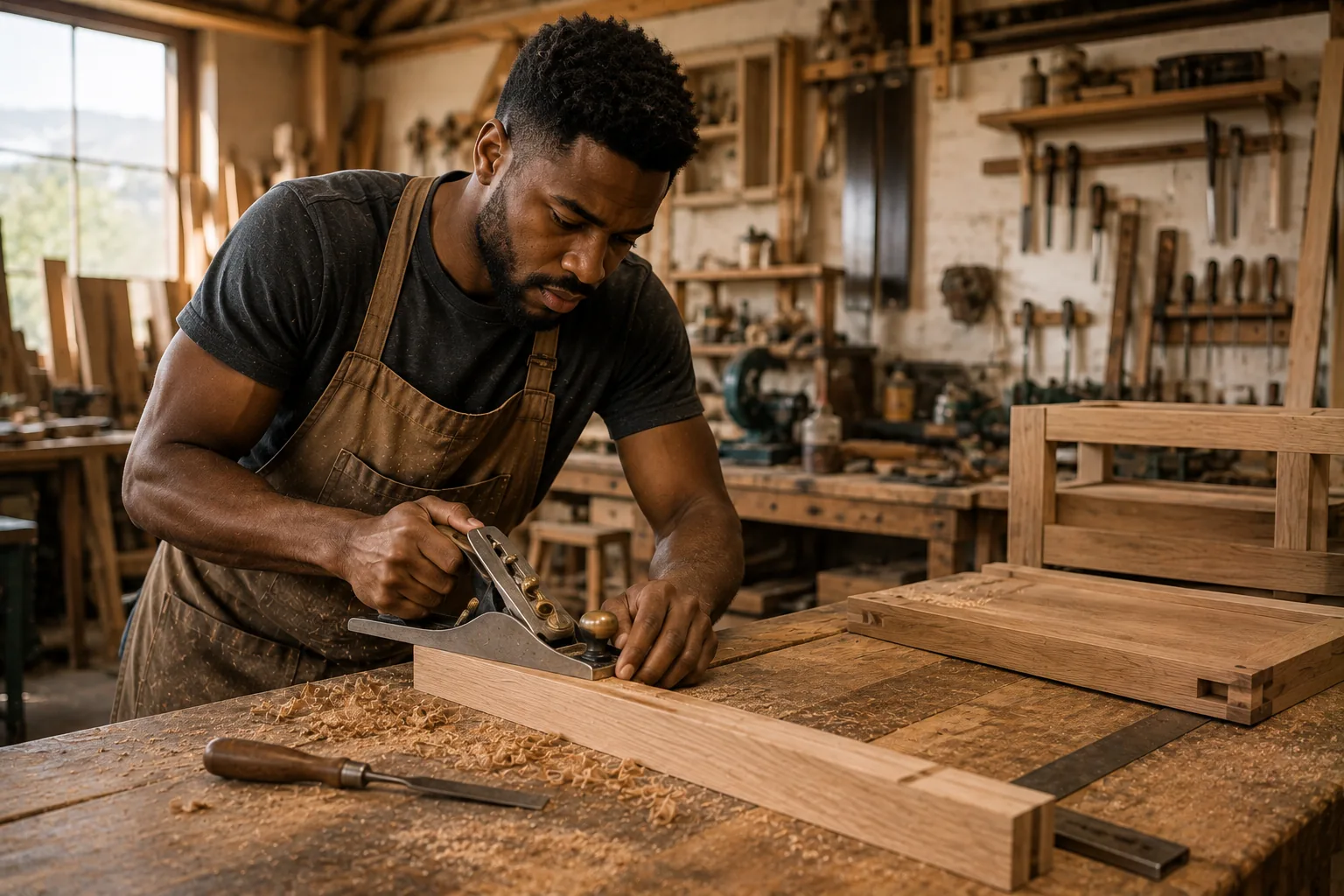Carpenter and joiner finishing a customer job and reviewing paperwork
