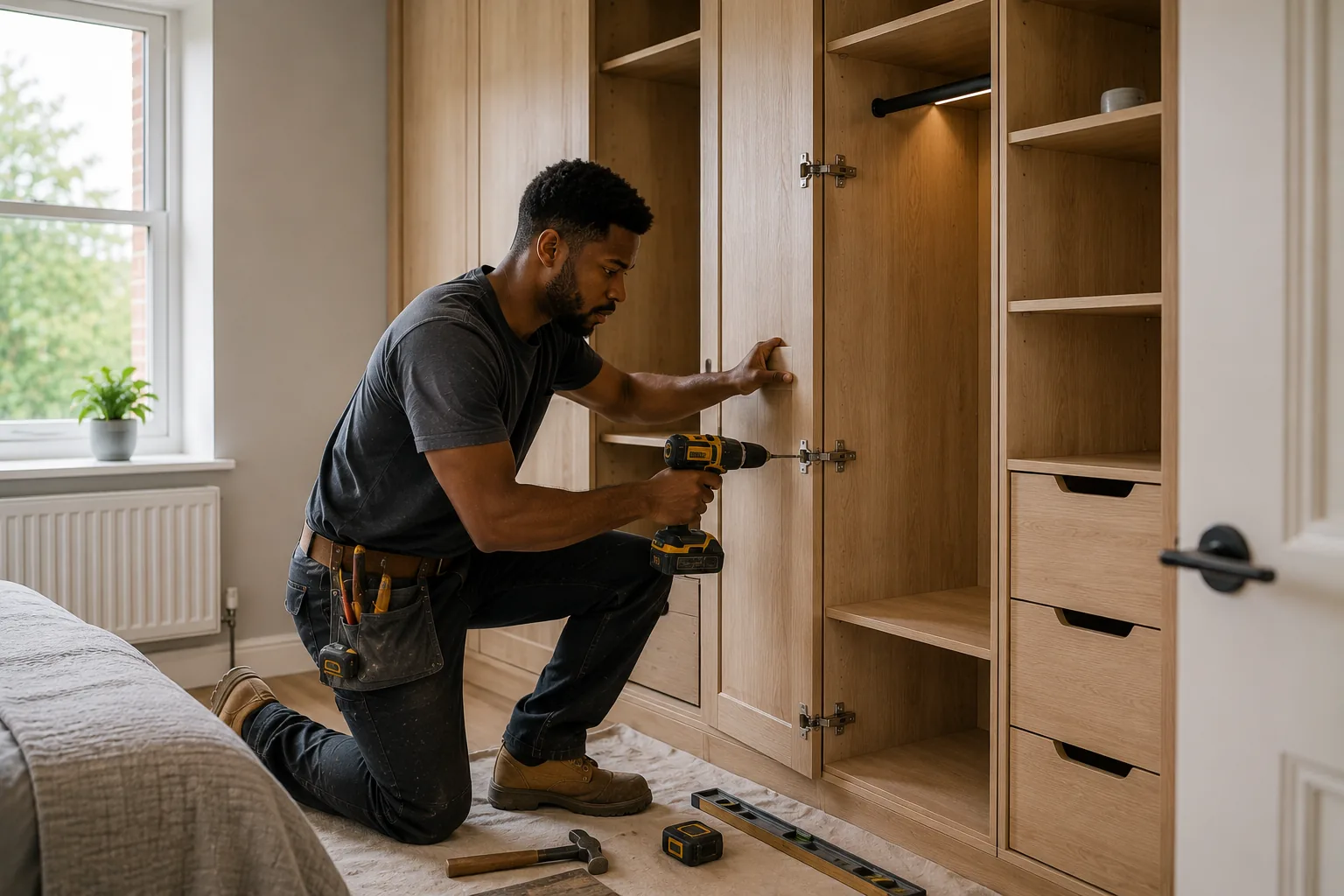 Carpenter and joiner creating a fitted furniture quote on a phone