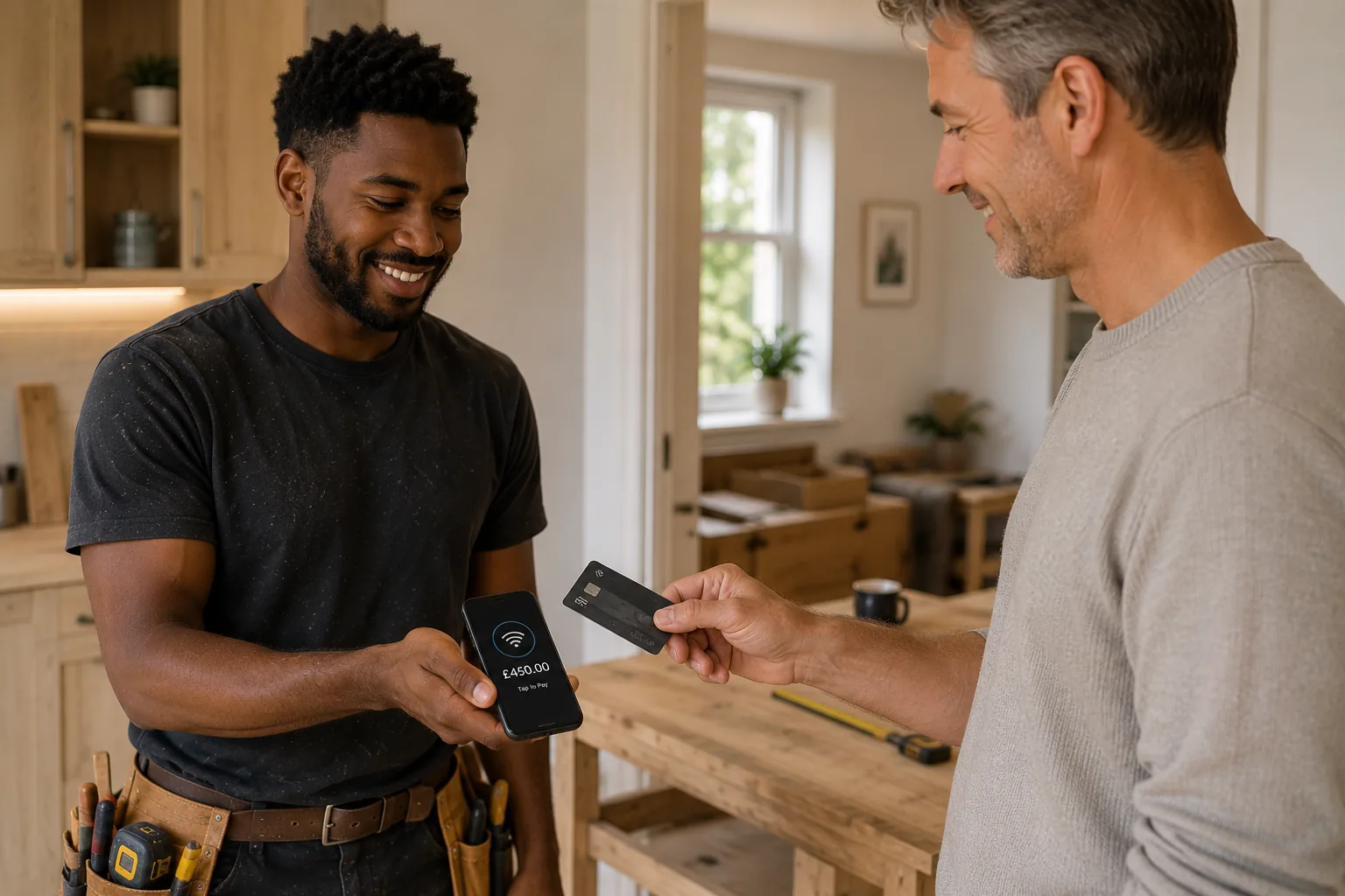 Customer making a contactless payment to a carpenter and joiner
