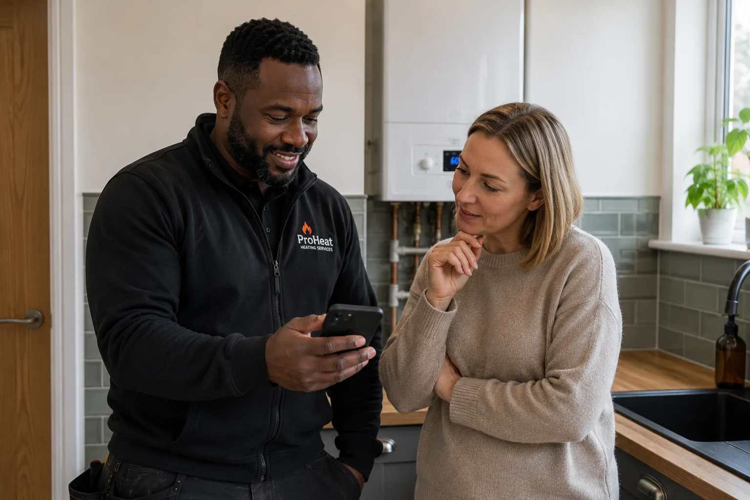 Heating engineer showing a heating quote to a customer