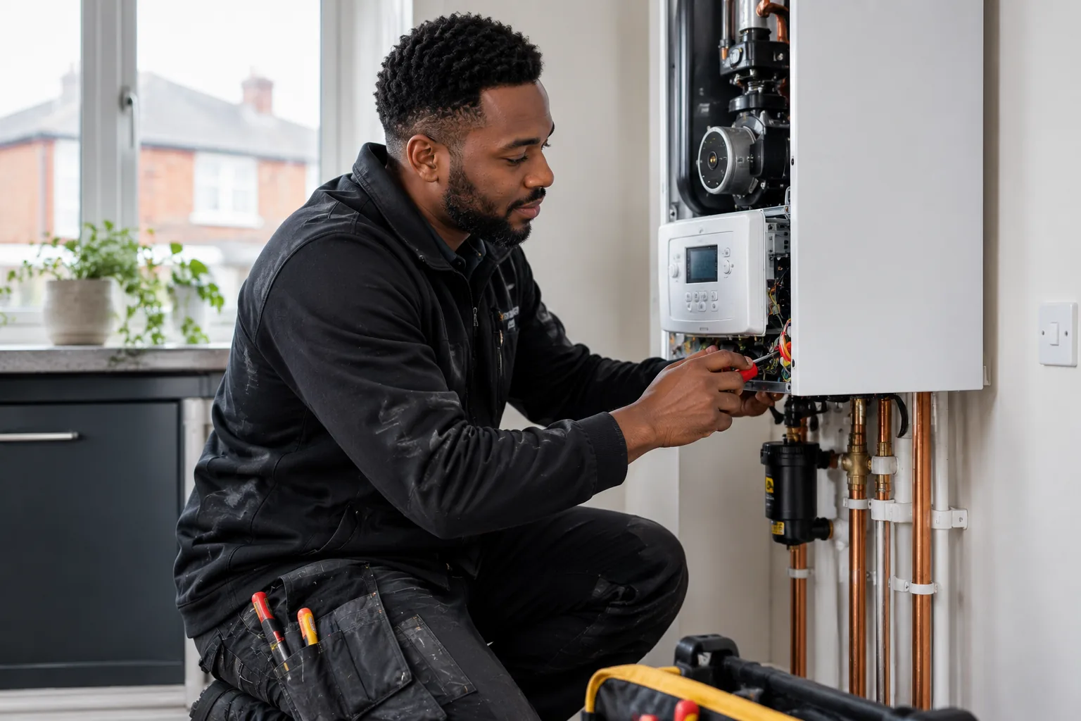 Heating engineer creating a boiler replacement quote on a phone