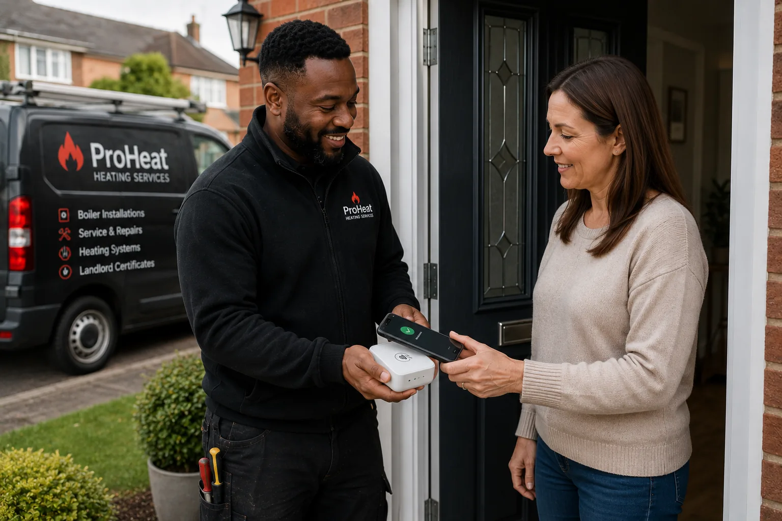 Customer making a contactless payment to a heating engineer