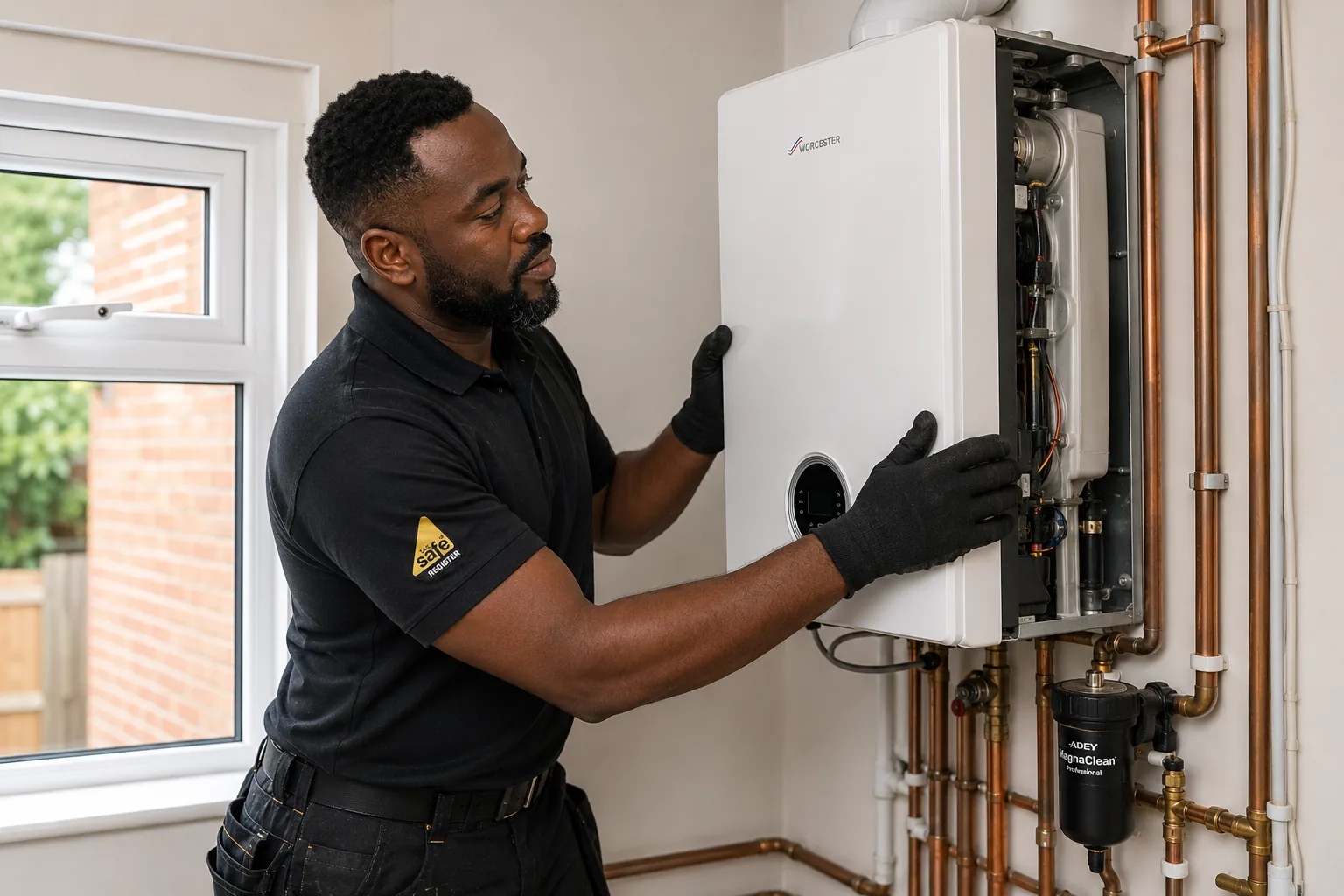 Heating engineer working on a boiler replacement
