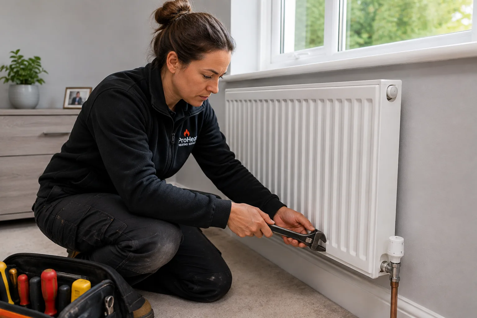 Heating engineer fitting a radiator in a customer property