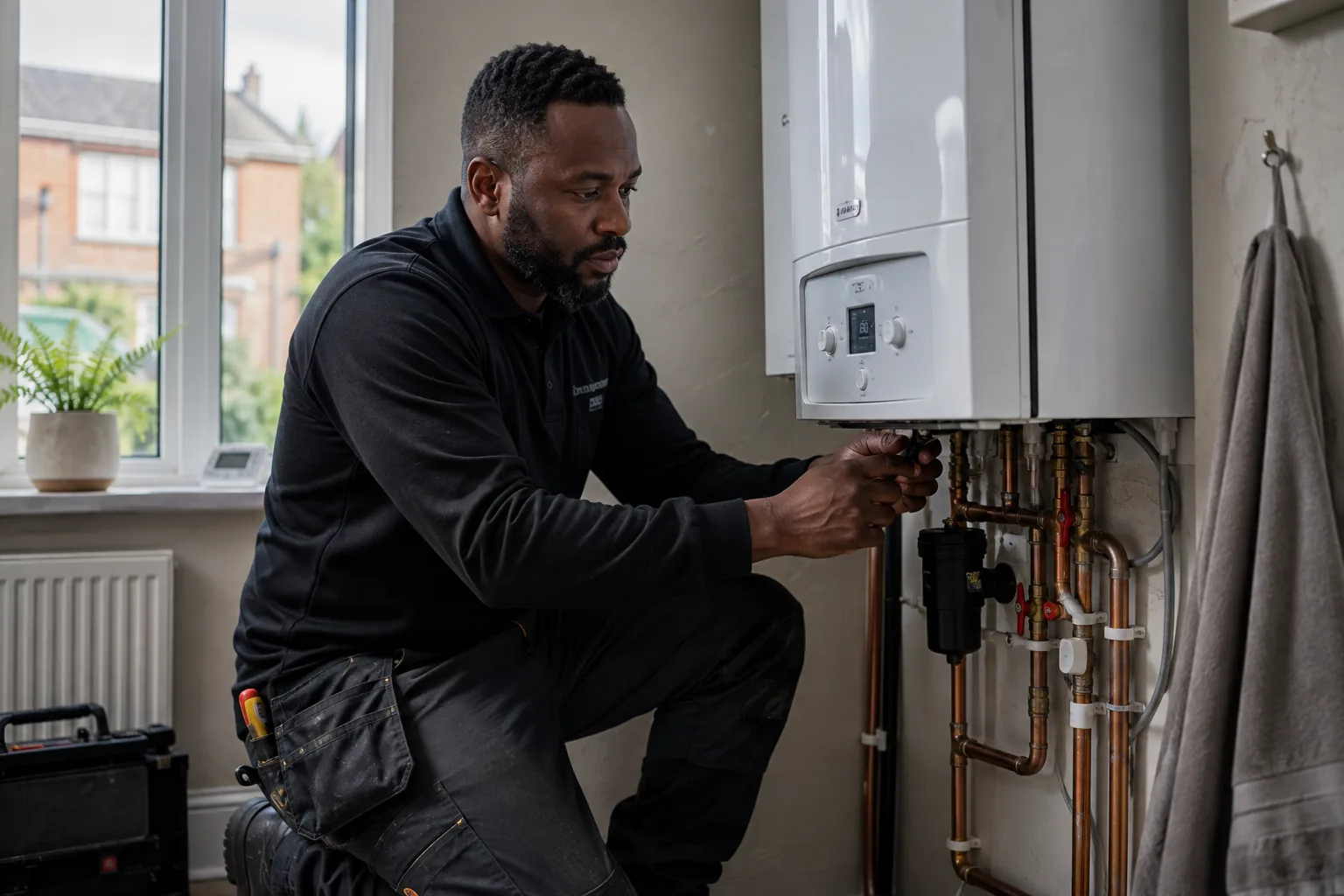 Heating engineer reviewing repair paperwork on a phone