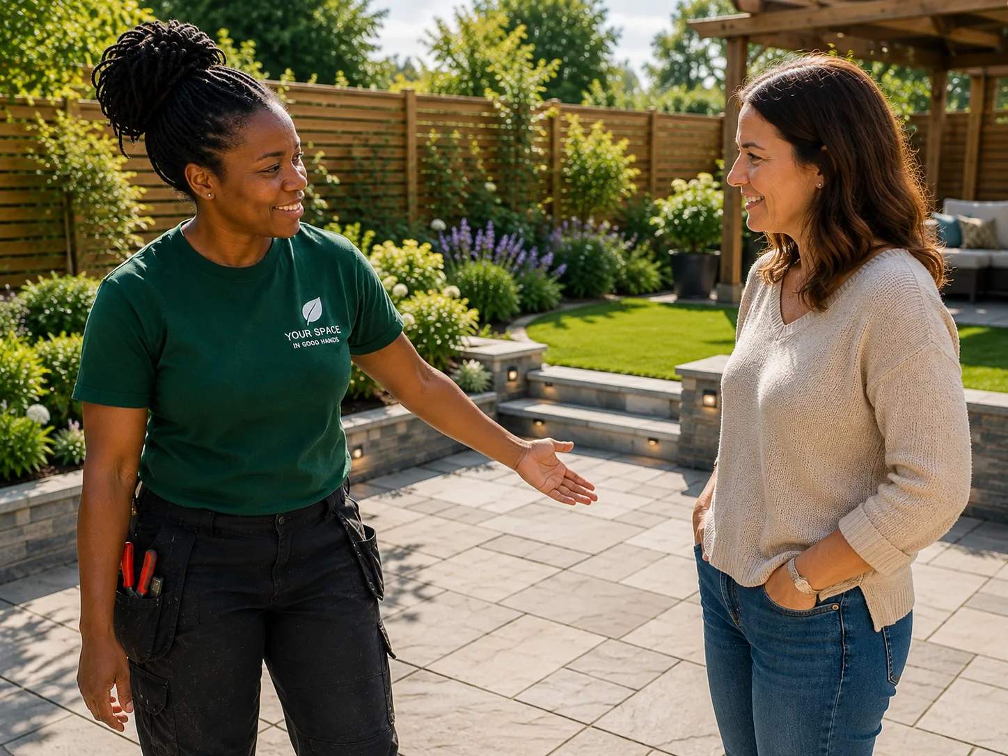 Landscaper showing a garden project quote to a customer