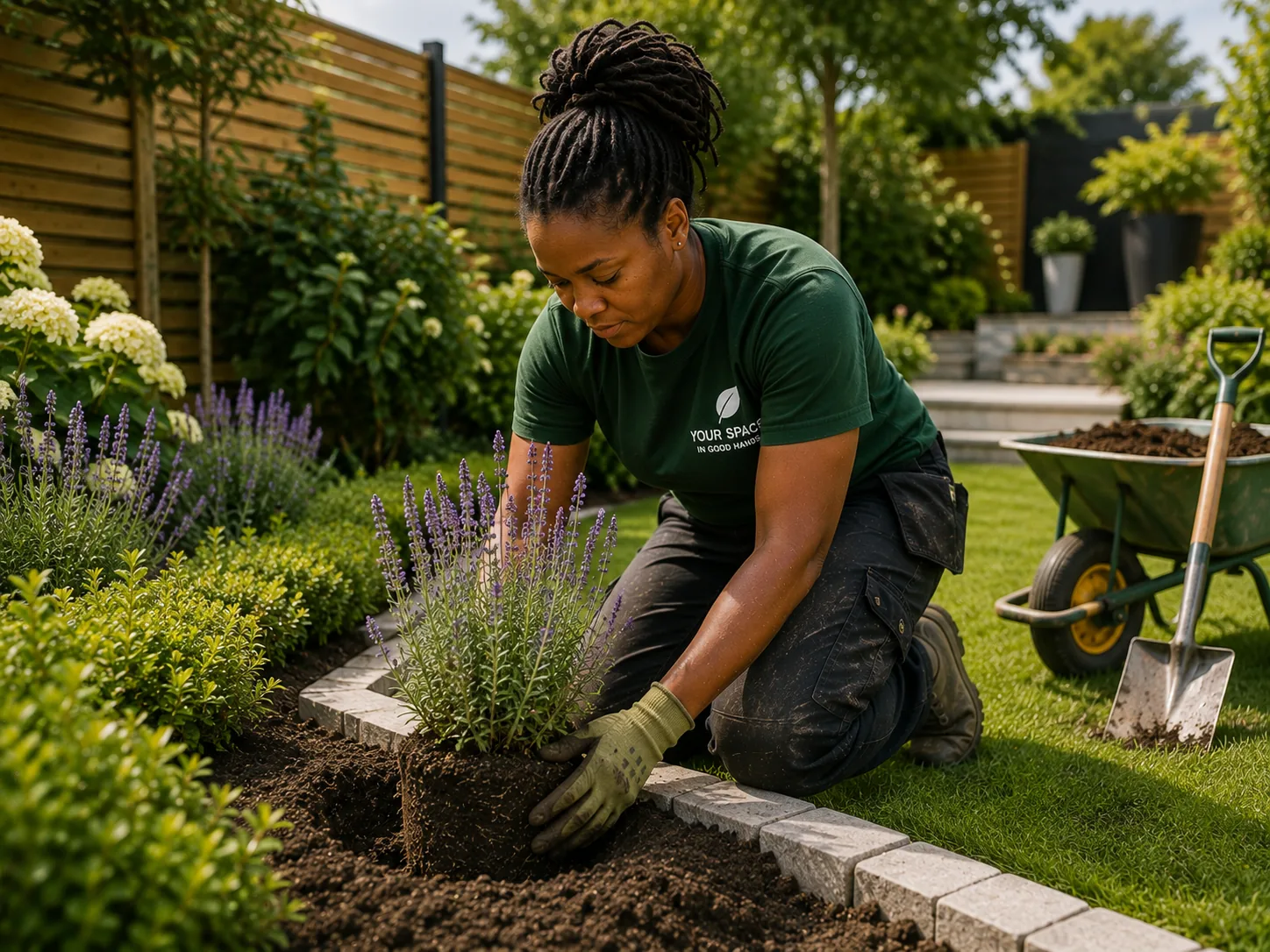 Landscaper finishing a customer job and reviewing paperwork