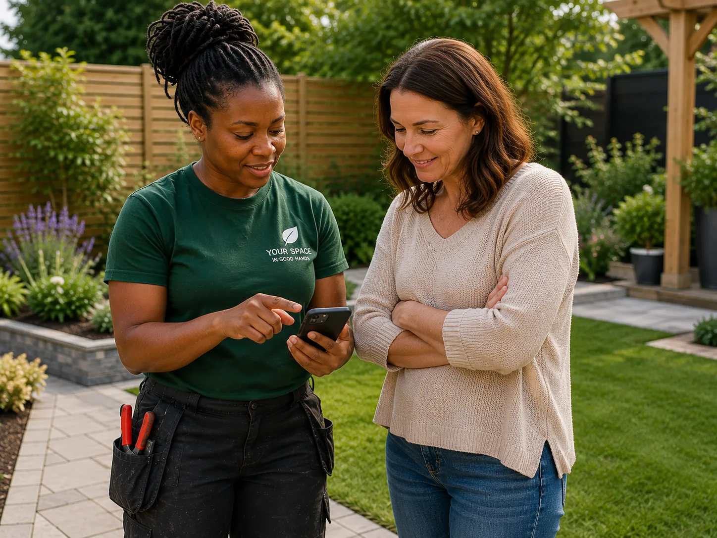Landscaper creating a patio and landscaping quote on a phone