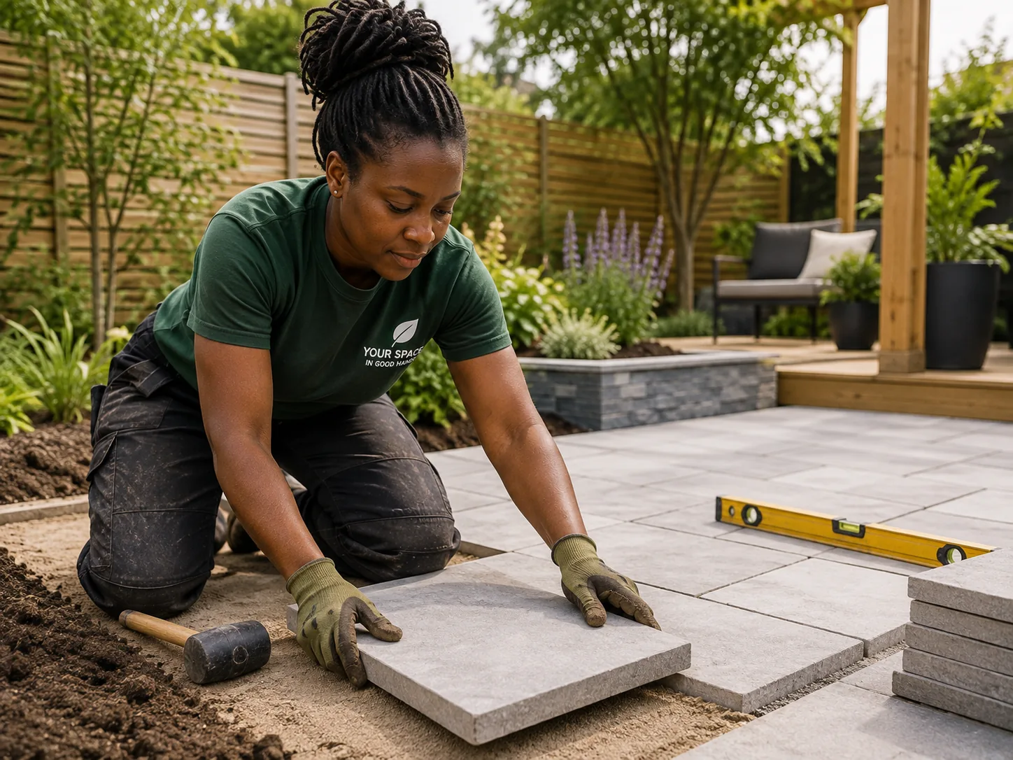 Landscaper working on patios and paving at a garden