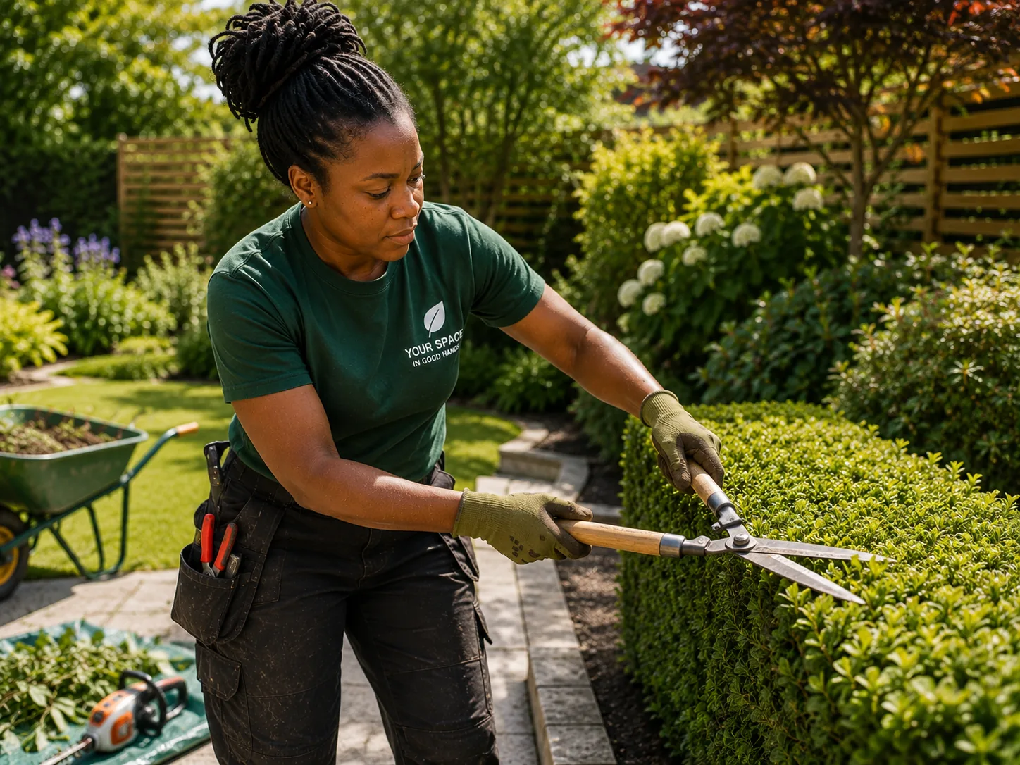 Landscaper measuring a fencing and decking project