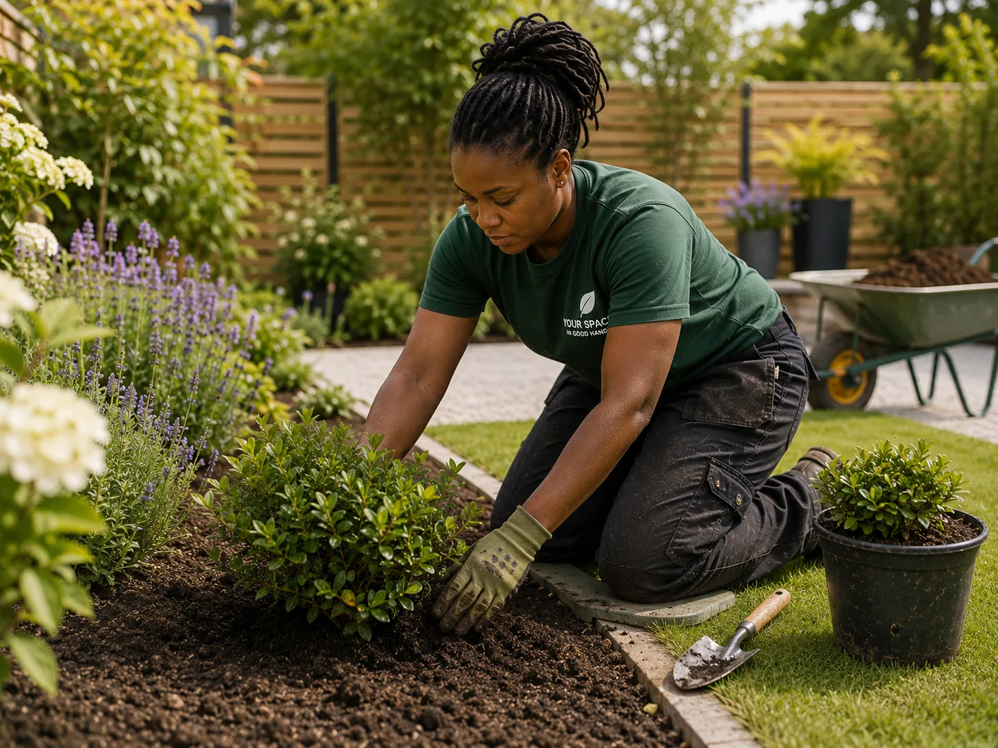 Landscaper planning a garden transformation with a customer