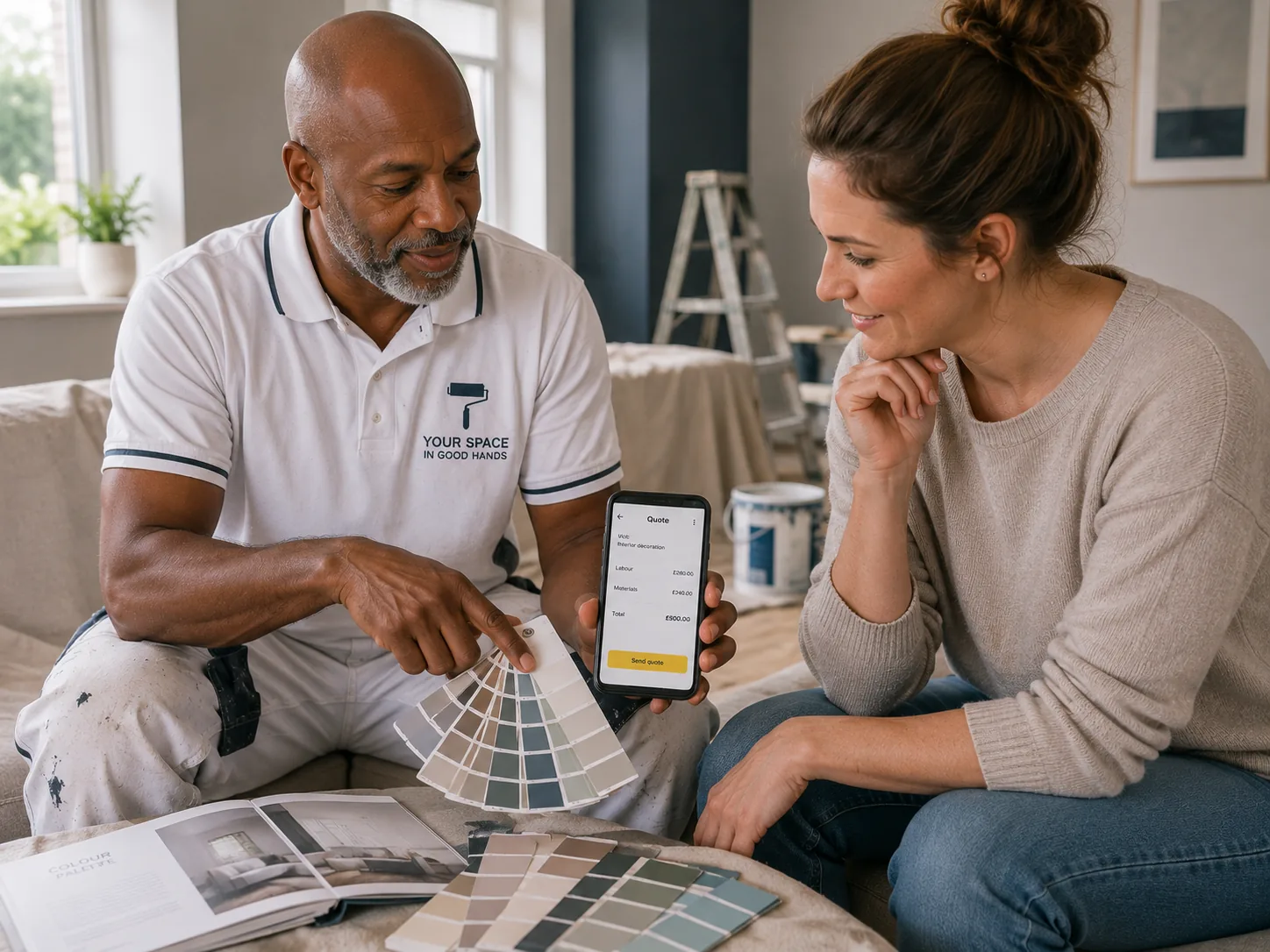 Painter & Decorator using a phone at a customer job