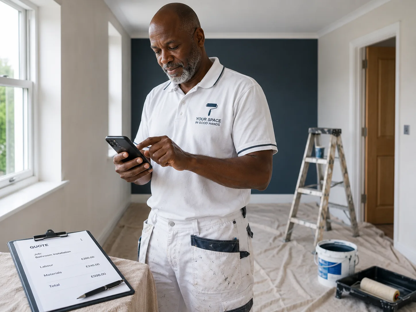 Painter and decorator creating a room quote on a phone