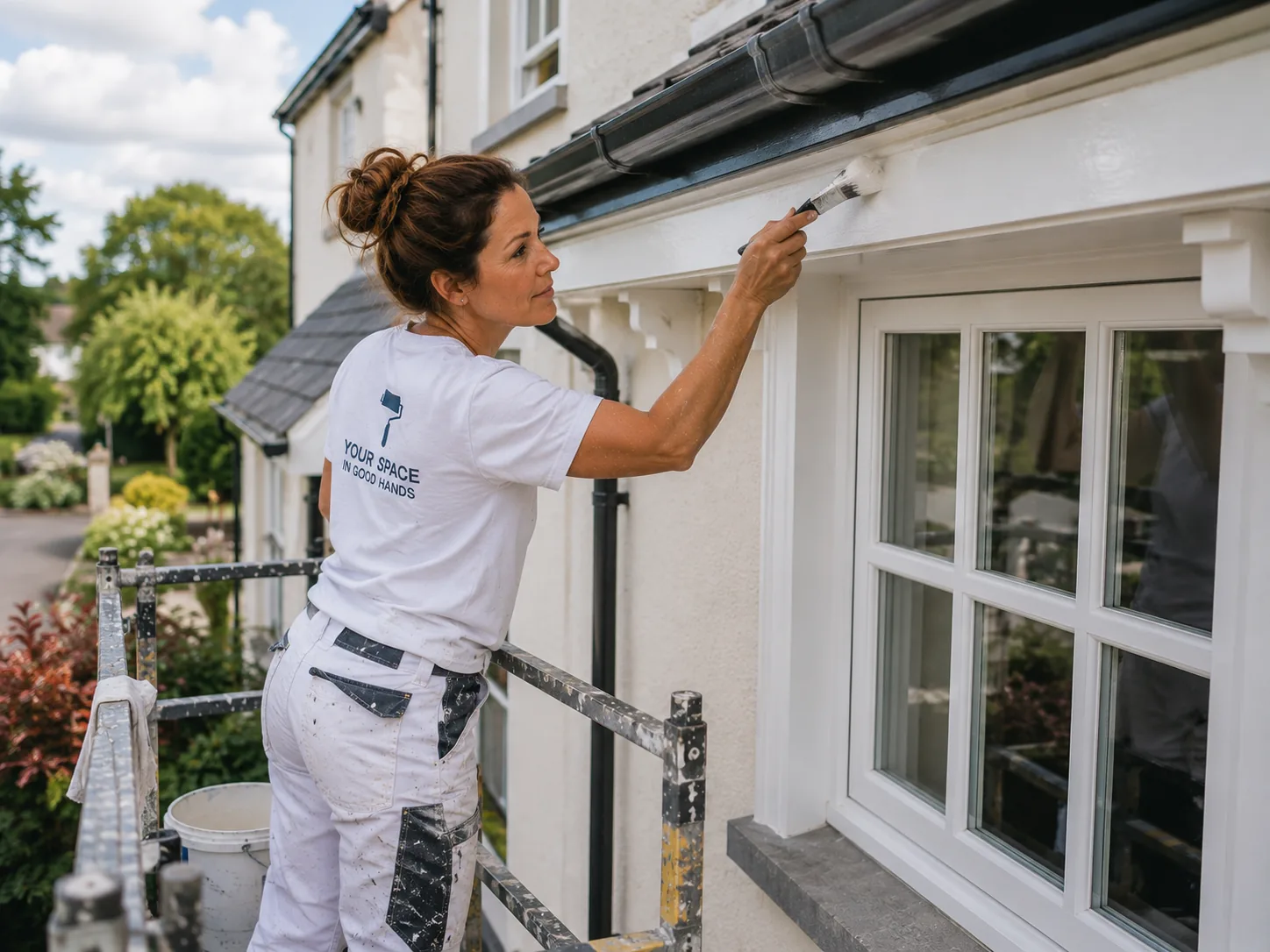 Painter and decorator preparing exterior work at a property