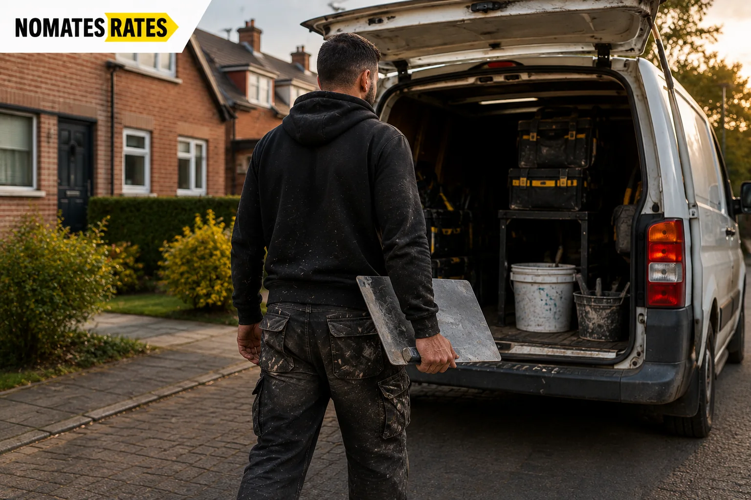 Plasterer finishing a customer job and reviewing paperwork