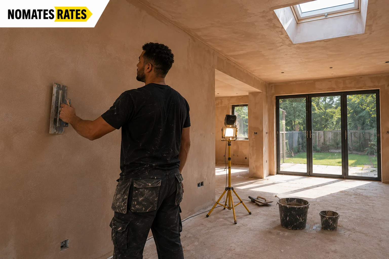 Plasterer using a phone at a customer job