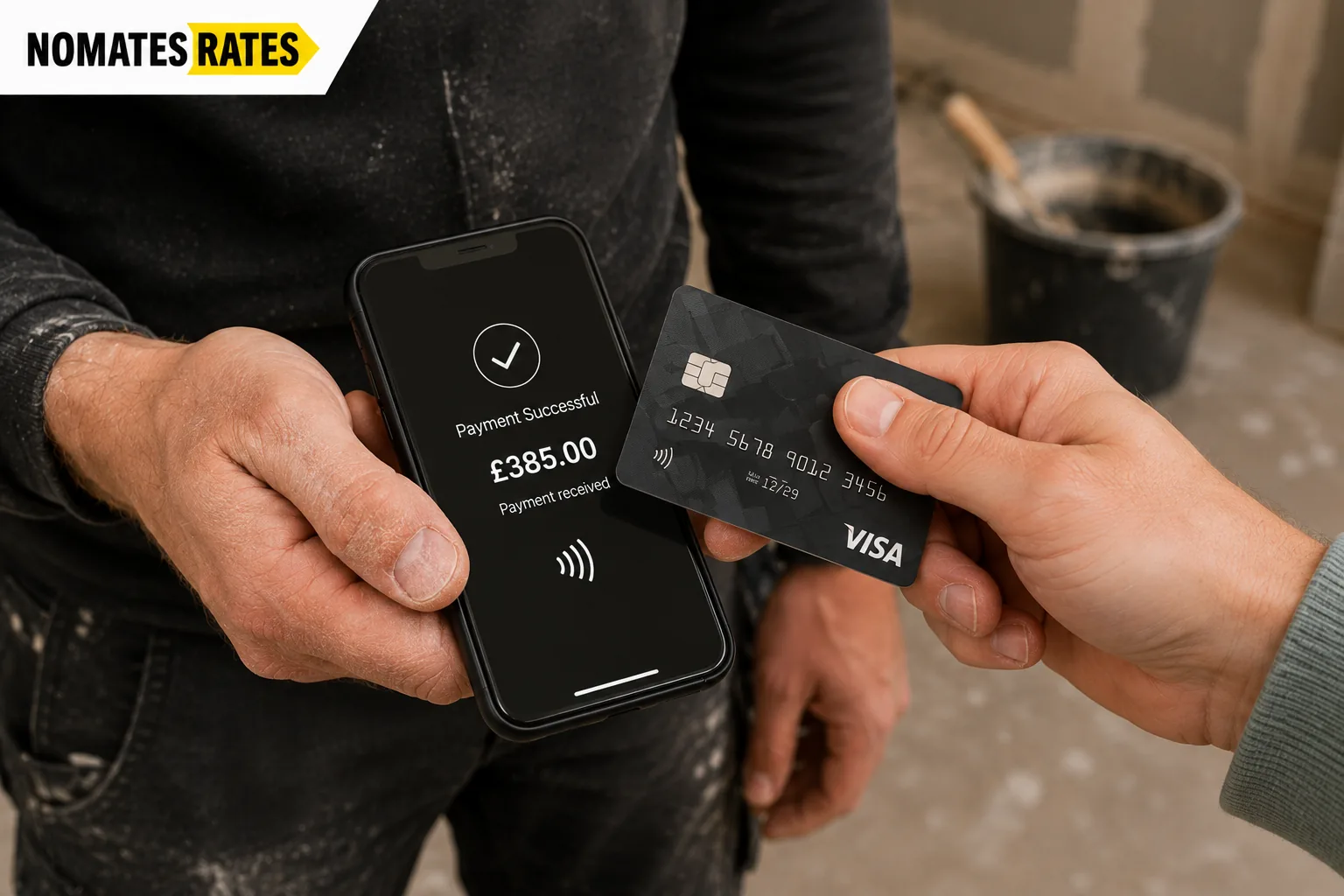 Customer making a contactless payment to a plasterer