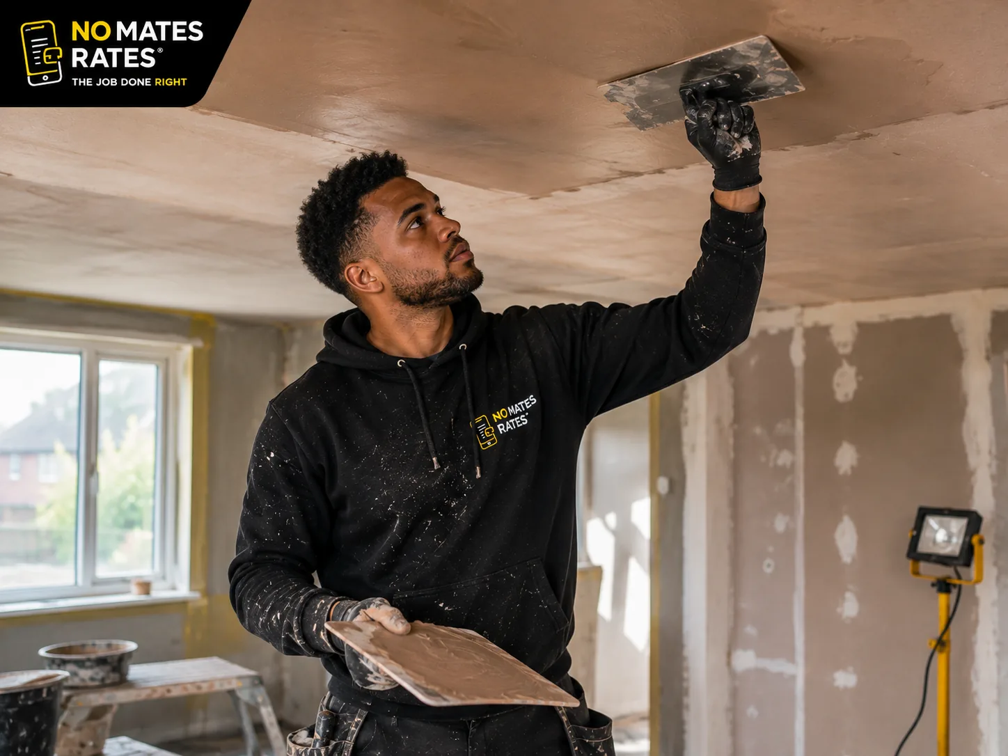 Plasterer preparing a ceiling for plastering