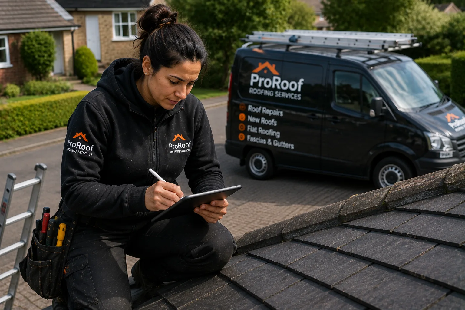 Roofer using a phone at a customer job