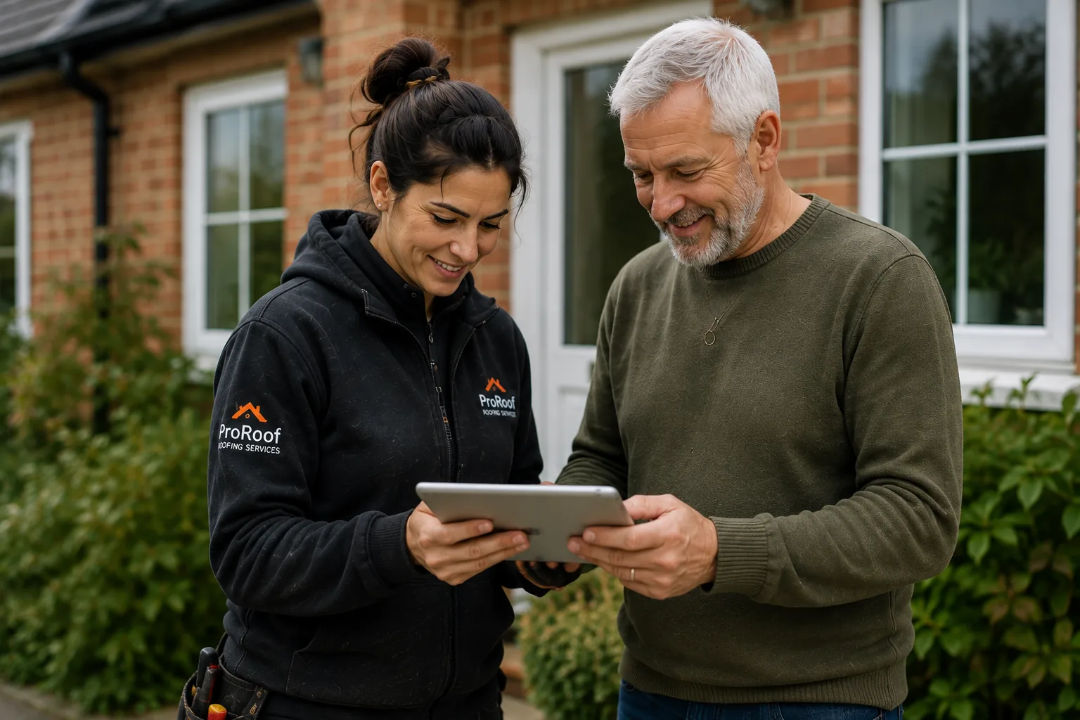 Roofer creating a roof repair quote on a phone