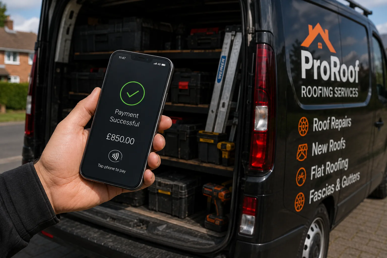 Customer making a contactless payment to a roofer