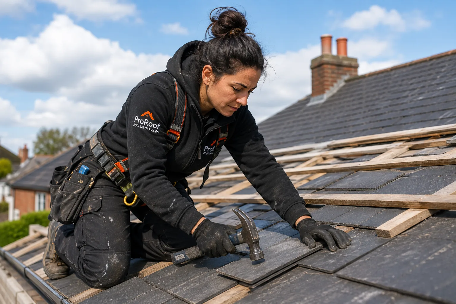 Roofer working on a roof repair at a customer property