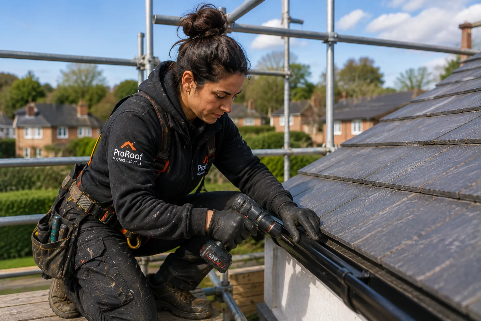 Roofer working on a flat roof with roofing materials