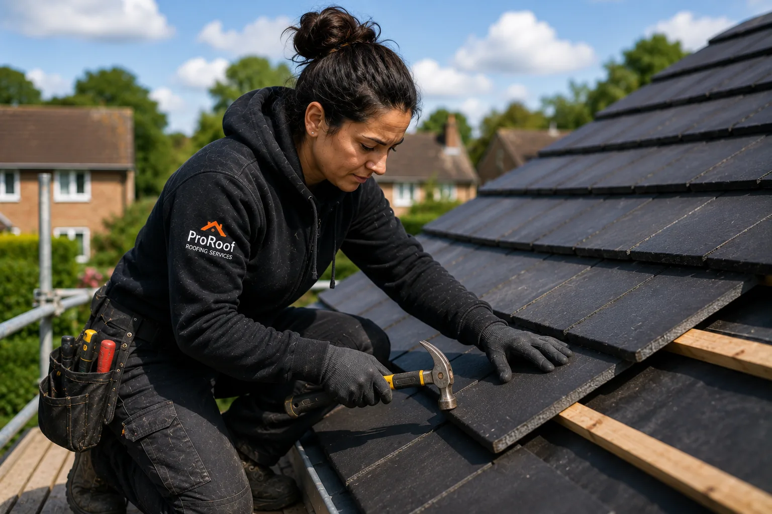Roofer planning a full re-roof with a customer