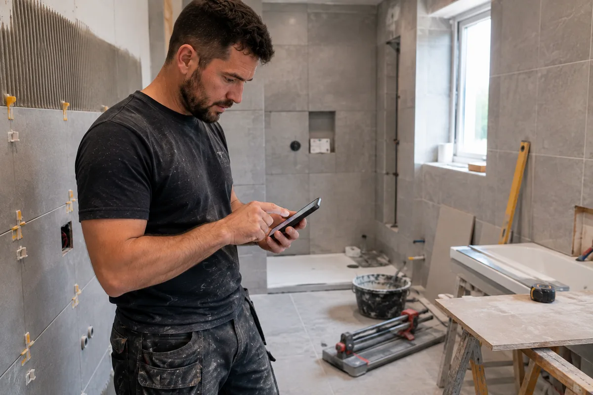 Tiler finishing a customer job and reviewing paperwork