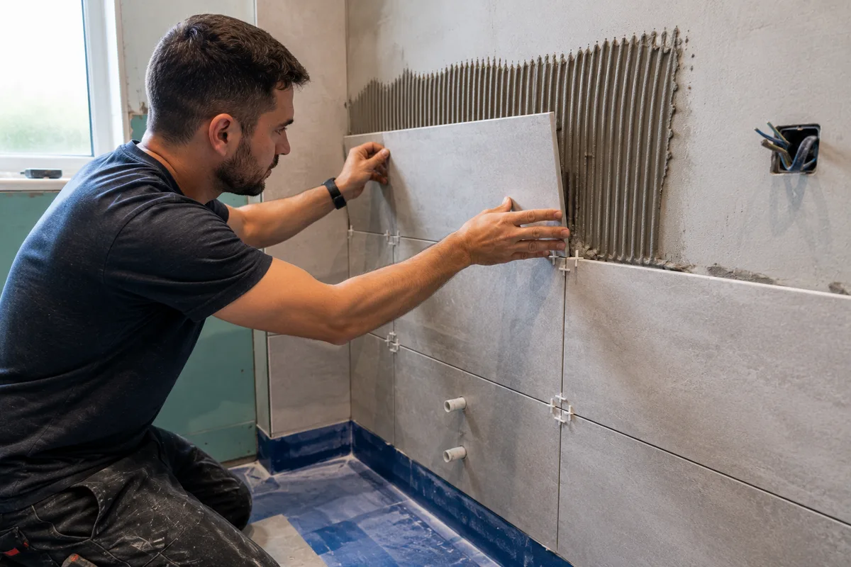 Tiler working on bathroom wall and floor tiling