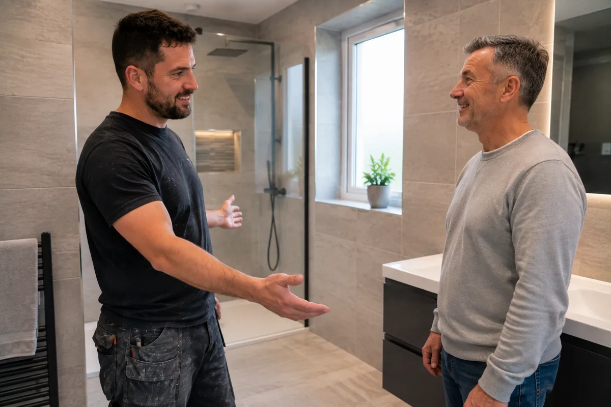 Tiler reviewing renovation paperwork on a phone