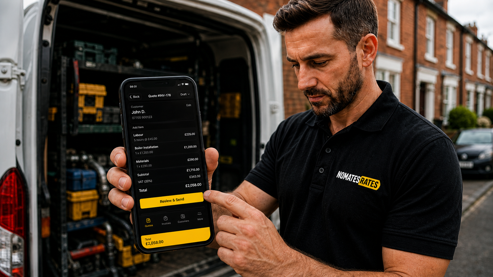 A Nomates Rates tradesman using the quoting app beside his work van.