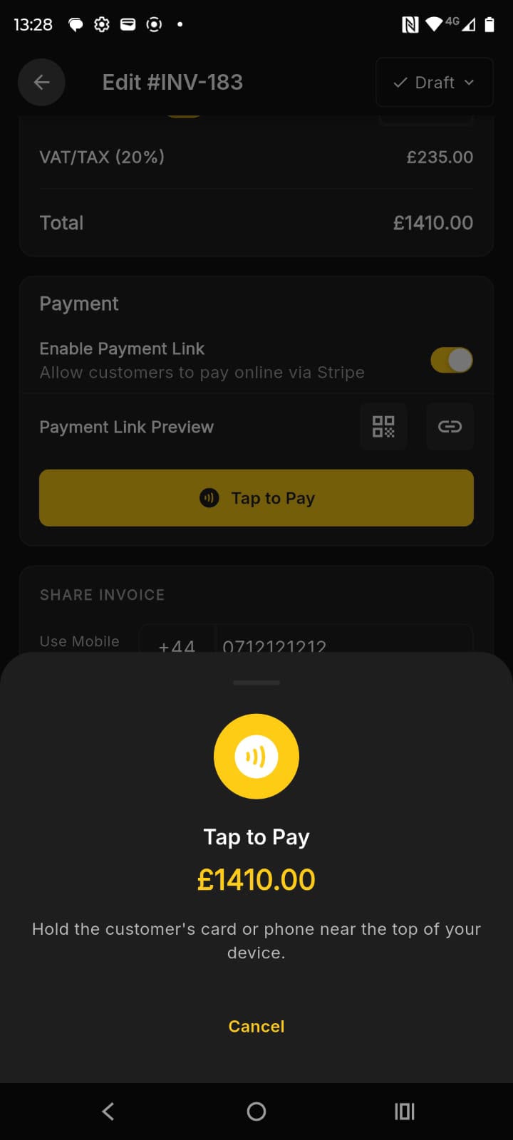 The genuine Nomates Rates Tap to Pay screen showing a £1,410 contactless payment.