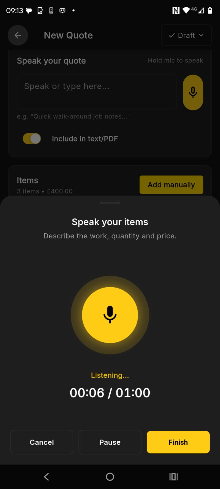 The genuine Nomates Rates app listening as a quote is spoken.