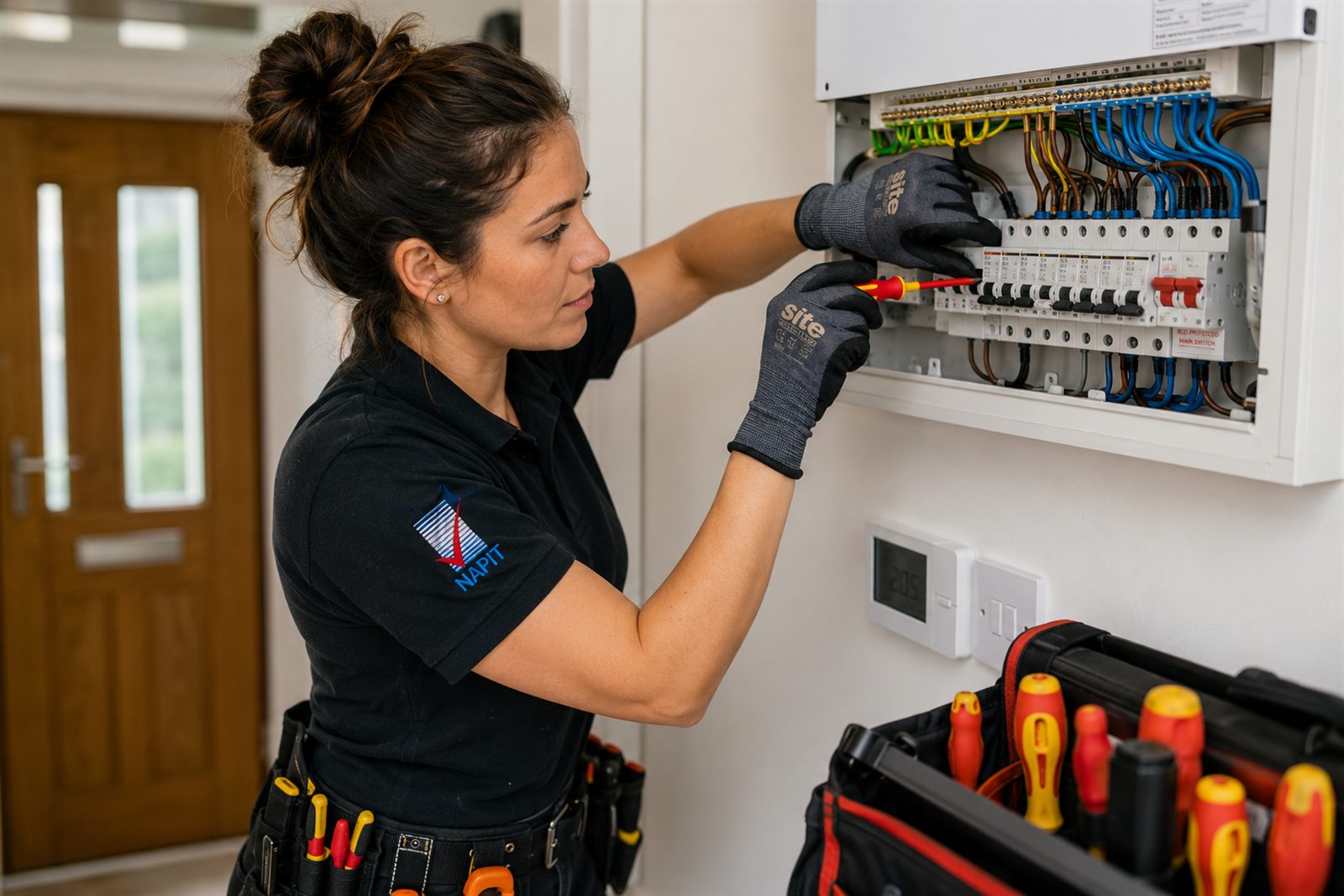 Female electrician working on a replacement consumer unit