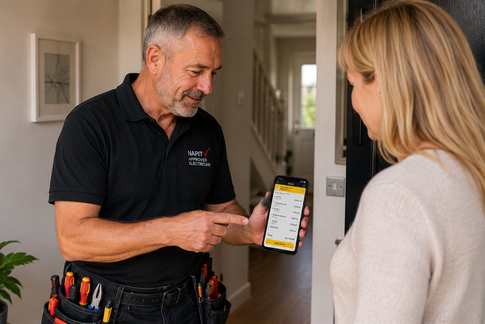 Electrician showing a completed quote to a customer at her door