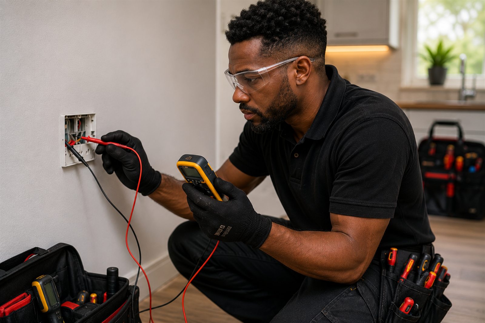 Electrician carrying out fault finding at a domestic socket